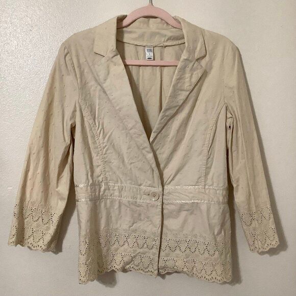 Vintage Y2K Cream Polka Dot 100% Cotton Mori Kei Feminine Blazer L Autumn Fall - Picture 1 of 11